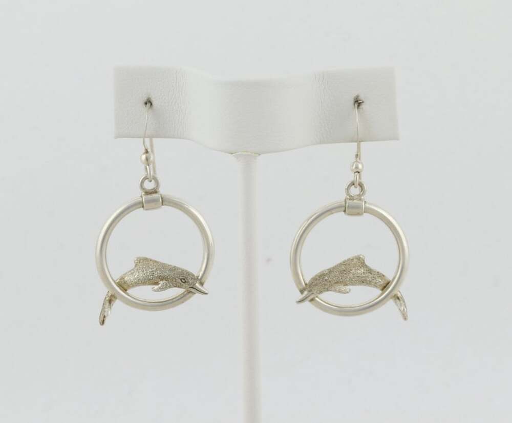 Sterling Silver Kabana Dolphin Jumping Through Hoop Earrings Dangle Drop 1.5"
